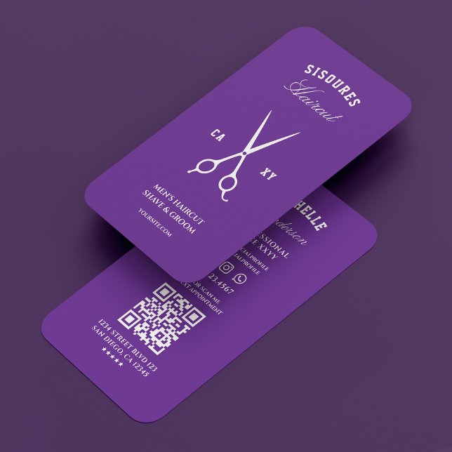Cartão De Visita Barber Royal Purple Barbershop Tesoura Moderna (Barber Royal Purple Barbershop Scissors Modern Business Card
)