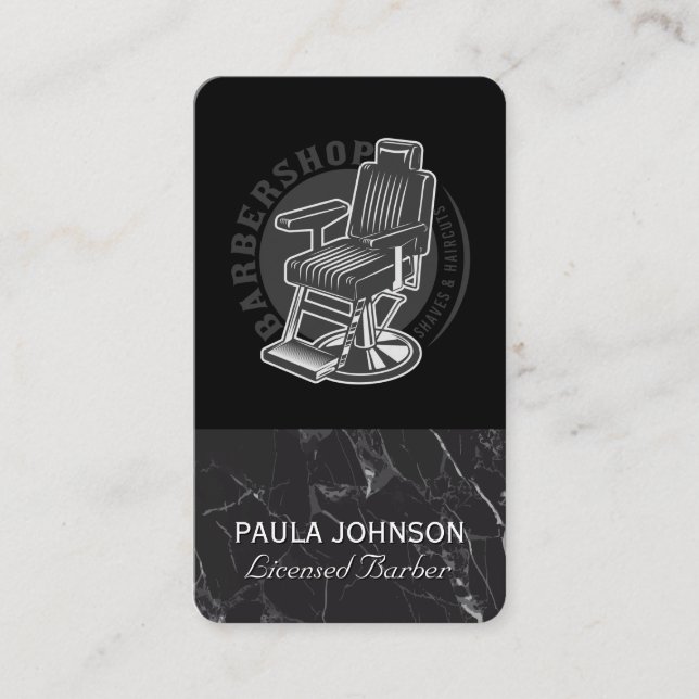 Cartão De Visita Barber Shop Chair | Black Marble Business Card (Frente)