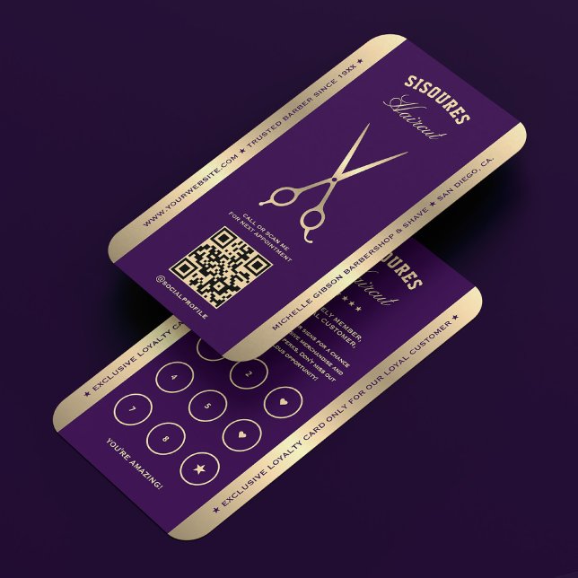 Cartão De Visita Barbershop Dark Purple Barber Loyalty Card (Barber dark purple gold scissors loyalty business card)