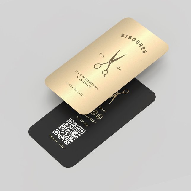 Cartão De Visita Barbershop de Hairstyle Moderno Tesoura Dourada Pr (Modern Hairstylist Barbershop Black Gold Scissors)