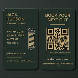 Cartão De Visita Barbershop Green Gold Barber Haircut QR Code