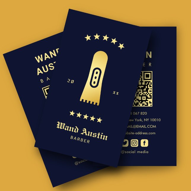 Cartão De Visita Barbershop Hair Clipper Navy And Gold Qr Code  (Criador carregado)