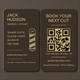 Cartão De Visita Barbershop Mocha Brown Gold Barber Haircut QR Code
