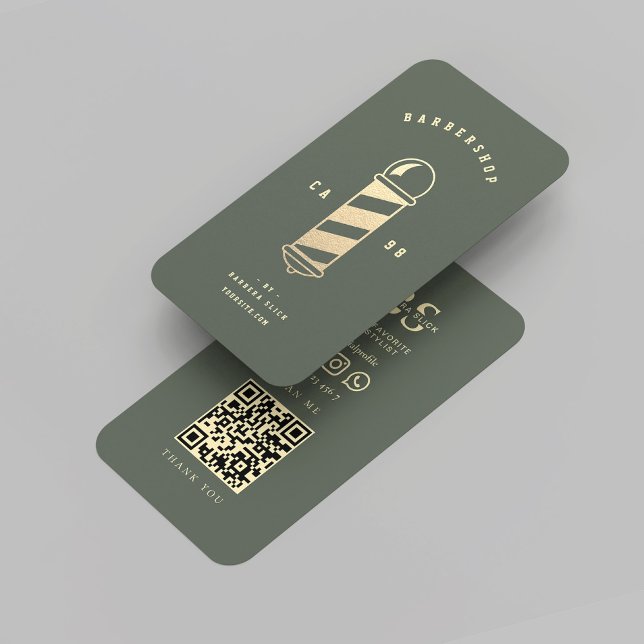Cartão De Visita Barbershop Moderno, Dourado Sábio Polar de Barber  (Modern Barbershop Gold Barber's Pole Sage Green Business Card
)