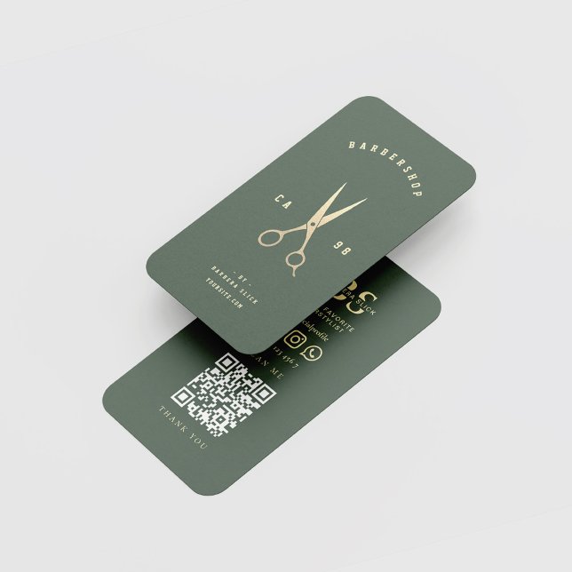 Cartão De Visita Barbershop Monograma Tesoura Dourada Barber Green (Criador carregado)