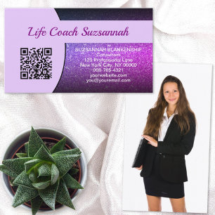 Cartão De Visita Barramento frontal do código QR de Glitter Roxo c
