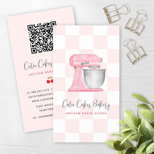 Cartão De Visita Batedeira de Cozinha Rosa Bege Código QR Xadrez Pa