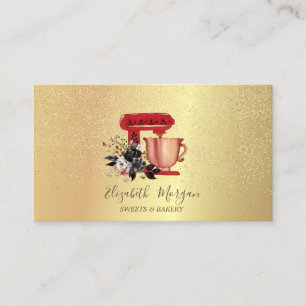 Cartão De Visita Batedeira Floral Vermelha Gold Confetti Bakery