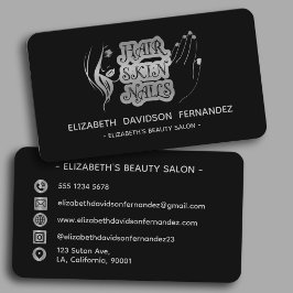 Cartão De Visita Beauon Salon Modern Silver Logo Mídia Social Preto