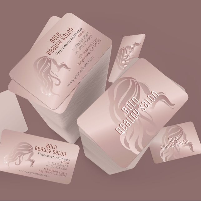 Cartão De Visita Beaut Salon Stylist Rosa metálico Modelo Dourado (Criador carregado)