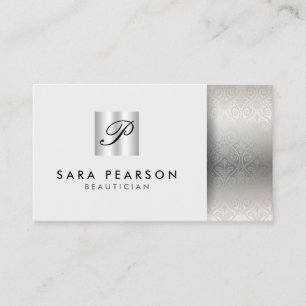 Cartão De Visita Beauticista Elegant Silver Monographic Damask