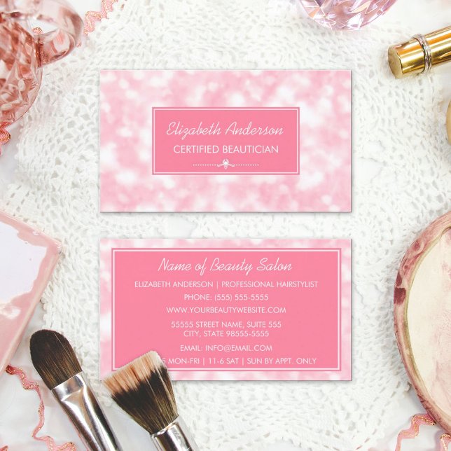 Cartão De Visita Beauticista Elegante rosa Bokeh Beauty Salon (Beautician Elegant Pink Bokeh Beauty Salon Business Cards)