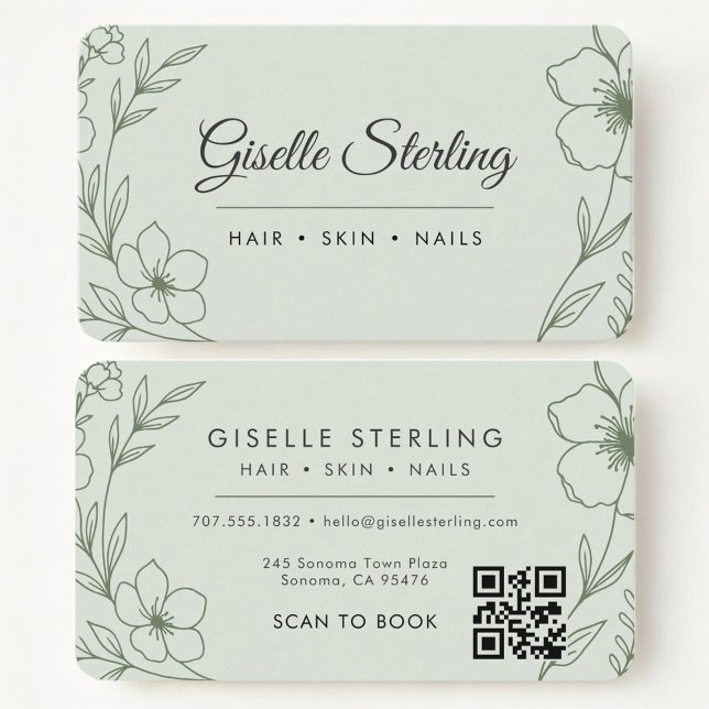 Cartão De Visita Beauty Salon  Botanical Sage Green QR Code (Criador carregado)