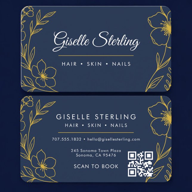 Cartão De Visita Beauty Salon Navy Blue Gold QR Code Professional (Criador carregado)