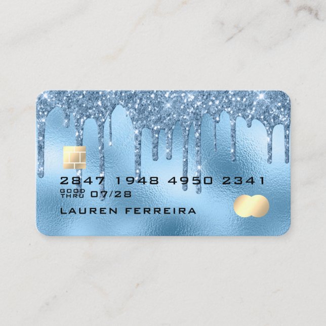 Cartão De Visita Bebê Blue Glitter Drippings Girly Faux Debit Card (Frente)