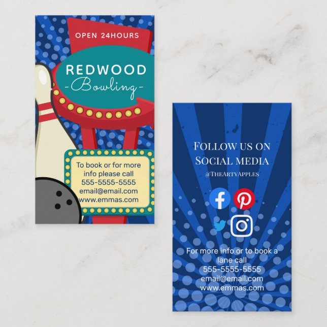 Cartão De Visita beco da boliche do neon da boliche de 10 pinos (Frente/Verso)