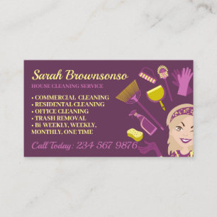 Cartão De Visita Beige Blonde Purple Woman Janitorial House Clean