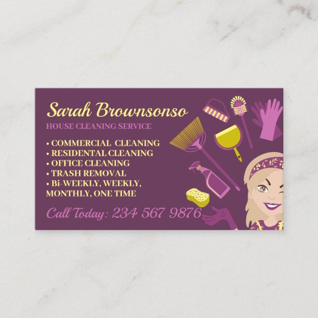 Cartão De Visita Beige Blonde Purple Woman Janitorial House Clean (Frente)