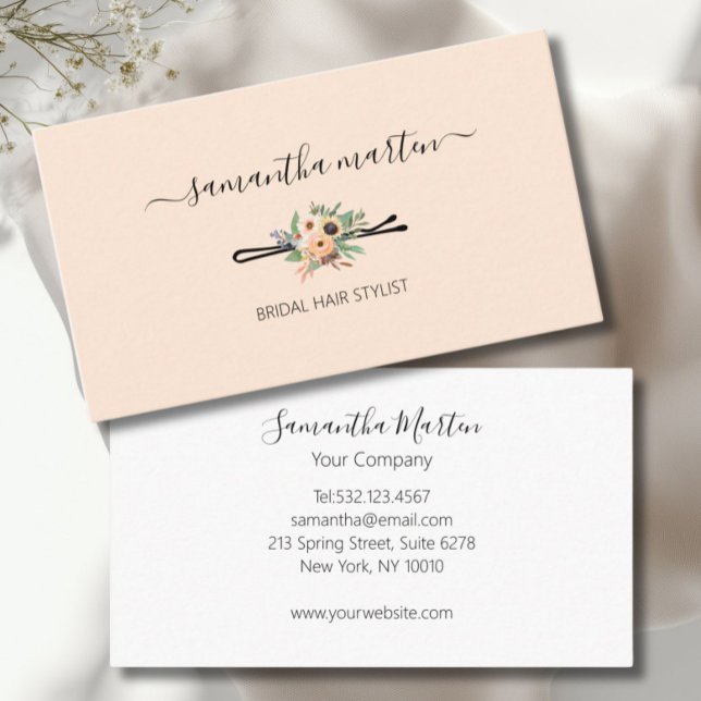 Cartão De Visita Beige Floral Hair Stylist (Floral Hair Stylist Business Card)
