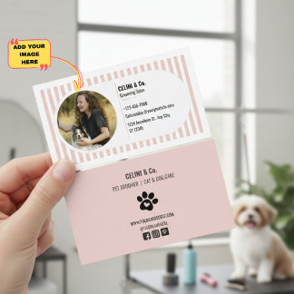 Cartão De Visita Beige Modern Pet Grooming Business Card with Photo