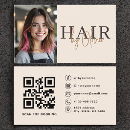 Cartão De Visita Beige Neutral Photo QR Code Hair Stylist