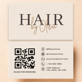 Cartão De Visita Beige Neutral QR Code Hair Stylist Modern