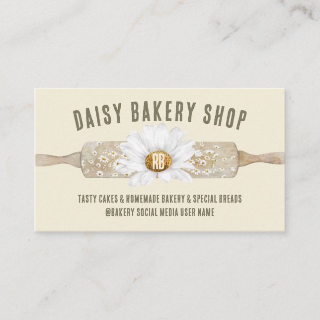 Cartão De Visita Beige Rustic Style Daisy Flower Bakery (Frente)