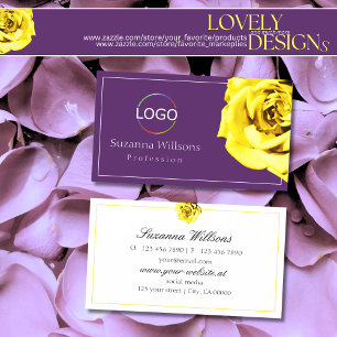 Cartão De Visita Bela Rosa Amarela em Roxo com Logotipo Simples
