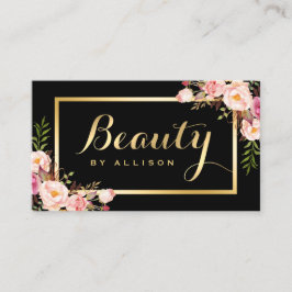Cartão De Visita Bela Script Makeup Salon Black Dourado Floral