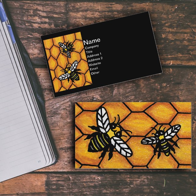 Cartão De Visita Belas Bestiçadas Honeycomb (Cute buzzing black and yellow bees white wings on golden honeycomb on black business cards.)