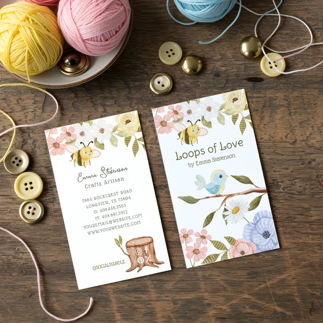 Cartão De Visita Belas-Mares Cujas Maçãs E Pássaros (Cute Woodland Knitted Bee & Bird Floral Crafters Business Card)