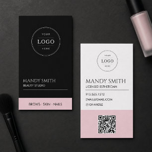 Cartão De Visita Beleza de Logotipo QR Rosa e Preto Moderno
