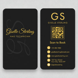 Cartão De Visita Beleza do Código QR Preto Dourado do Monograma do 