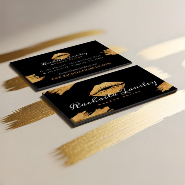 Cartão De Visita Beleza glamourosa Lábios negros e Dourados maquete (Luxury Glamorous Black & Gold Lips Makeup Artist Business Card)