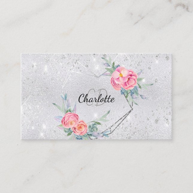 Cartão De Visita Belezas florais de maquiagem prateada (Frente)