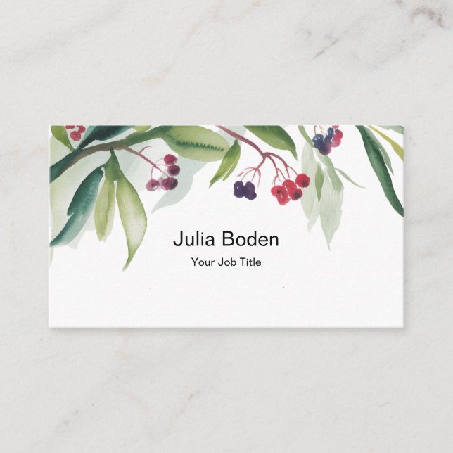 Cartão De Visita Berries and Branches Watercolor Rustic (Frente)