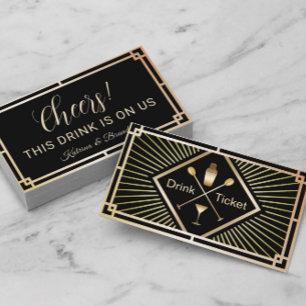 Cartão De Visita Bilhete de Bebida Gold Art Deco Voucher de Bebida 