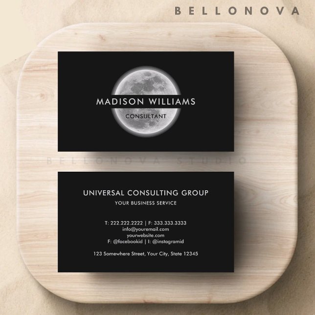 Cartão De Visita Biz Profissional De Espaço De Lua Preta E Branca P (Custom Black And White Moon Space Professional Biz Business Card)