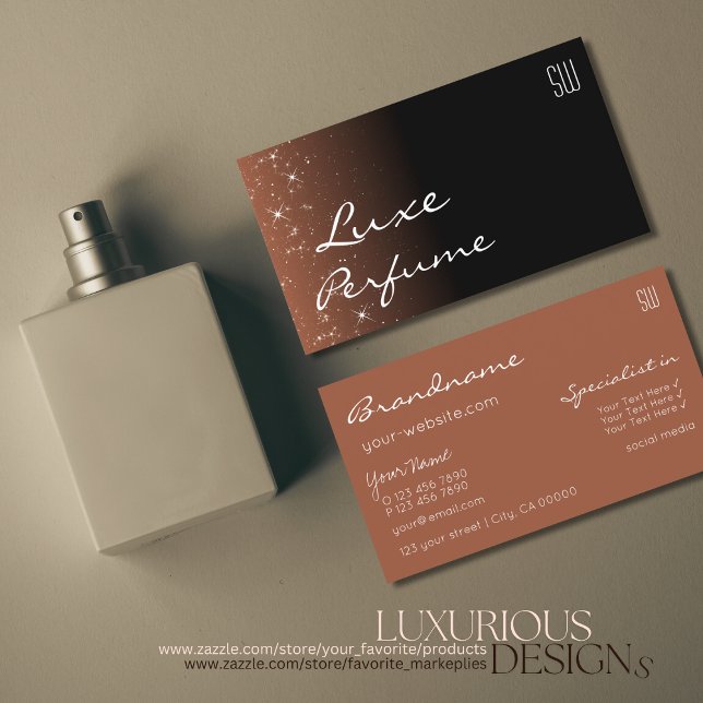 Cartão De Visita Black Beige Brown Chic Glitter Stars com Monograma (Criador carregado)