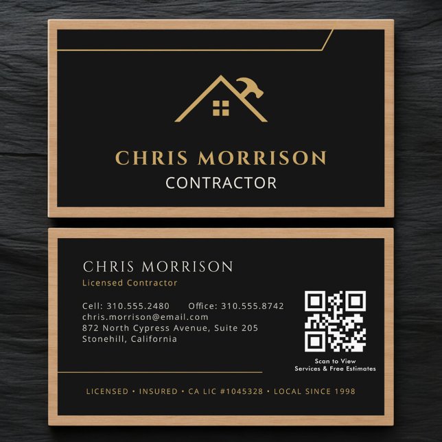 Cartão De Visita Black Construction Professional Wood QR Code (Criador carregado)