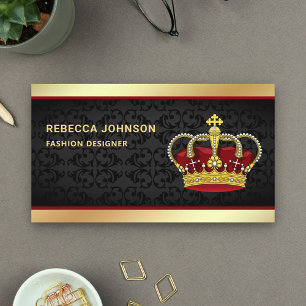 Cartão De Visita Black Damask Faux Gold Foil Red Crown