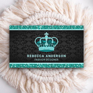 Cartão De Visita Black Damask Faux Teal Mint Glitter Royal Crown