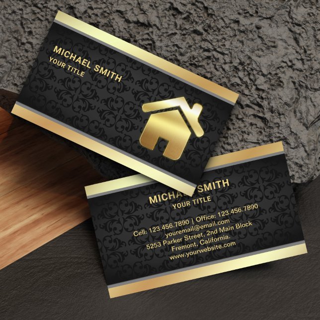 Cartão De Visita Black Damask Gold Foil Home Logo Imobiliário Agent (Criador carregado)