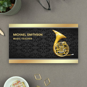 Cartão De Visita Black Damask Gold Foil, Professor de Música Horn F