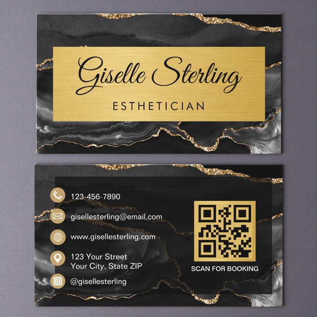 Cartão De Visita Black Gold Agate Esthetician Glitter QR Code (Criador carregado)