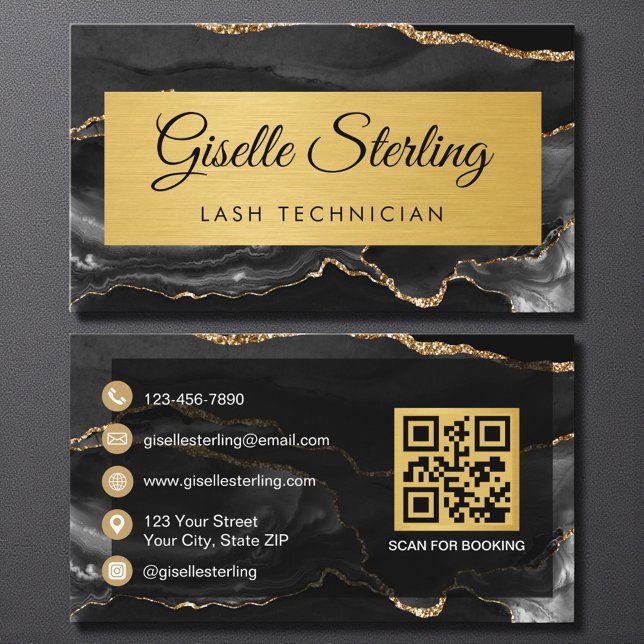 Cartão De Visita Black Gold Agate Lash Technician Glitter QR Code (Criador carregado)