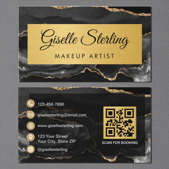 Cartão De Visita Black Gold Agate Makeup Artist Glitter QR Code (Criador carregado)