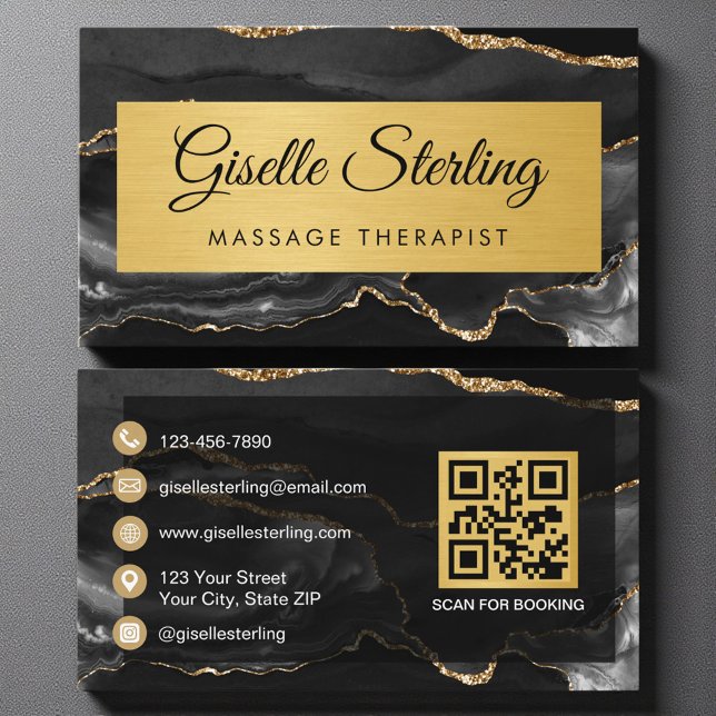 Cartão De Visita Black Gold Agate Massage Therapist Glitter QR Code (Criador carregado)