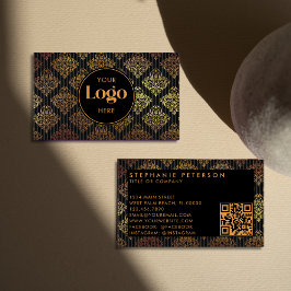 Cartão De Visita Black & Gold Damask Striped Custom Logo QR Code