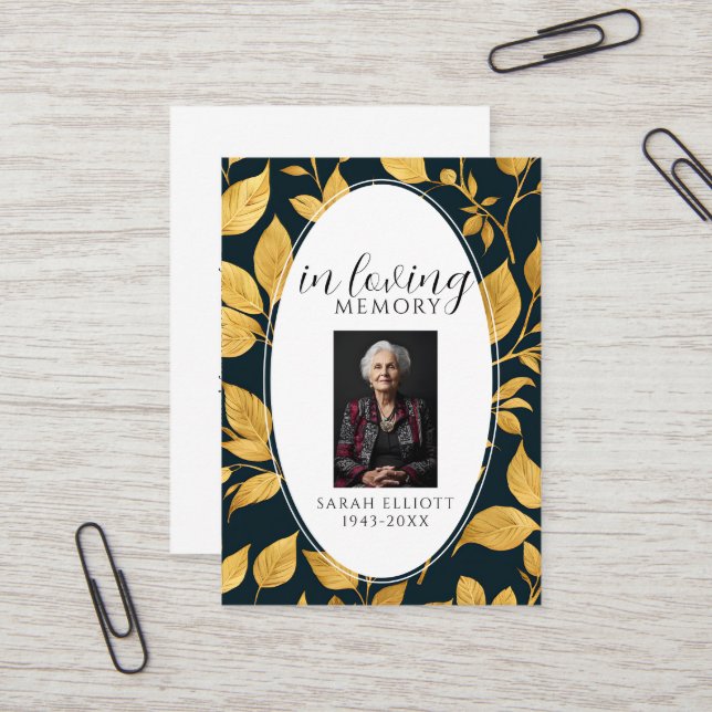 Cartão De Visita Black & Gold Funeral Memorial Prayer Photo Card (Frente/Verso In Situ)